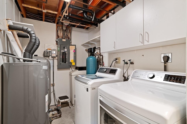 laundry area featuring cabinet space, independent washer and dryer, electric panel, and electric water heater