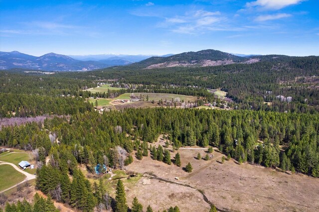 birds eye view of property with a mountain view and a wooded view