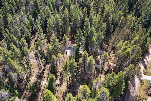 aerial view featuring a wooded view