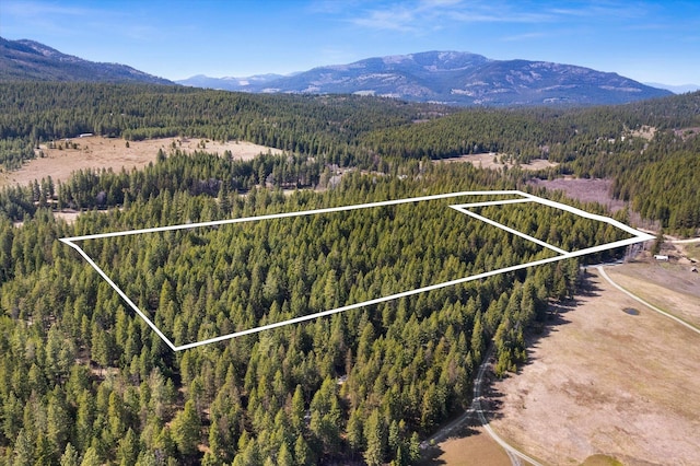 bird's eye view with a forest view and a mountain view