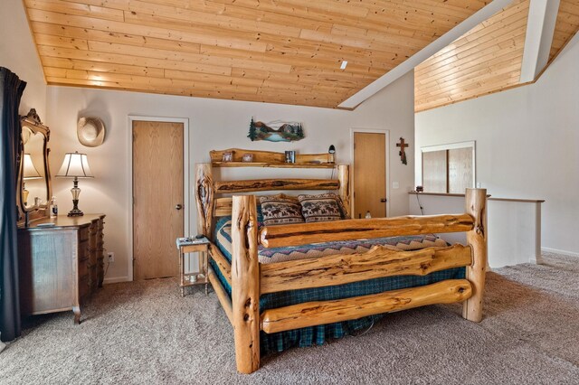 carpeted bedroom featuring wooden ceiling, vaulted ceiling, and baseboards