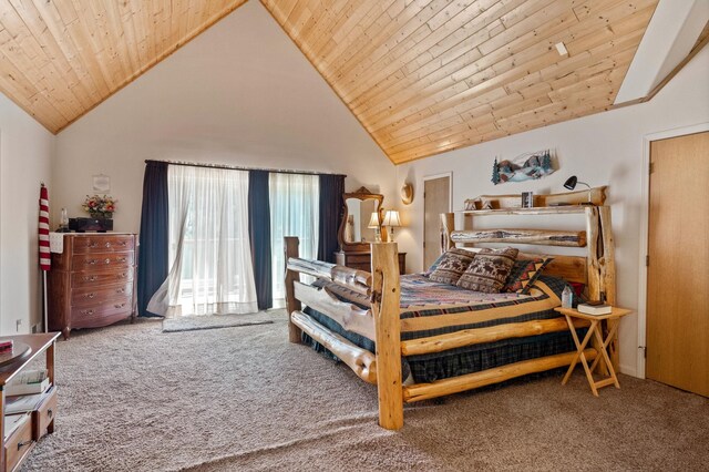 bedroom with wooden ceiling, carpet floors, and high vaulted ceiling