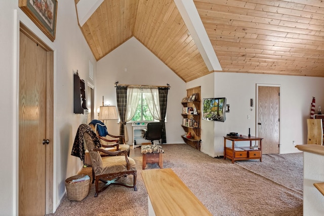 carpeted living room with wood ceiling and vaulted ceiling