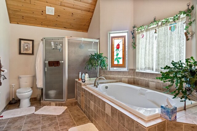 2876 Deep Lake S Shore Rd, Colville, WA 99114 - bathroom with a bath, lofted ceiling, a stall shower, tile patterned flooring, and wood ceiling