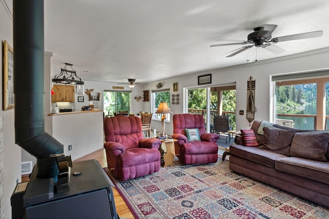 living area featuring ceiling fan, a wood stove, and wood finished floors