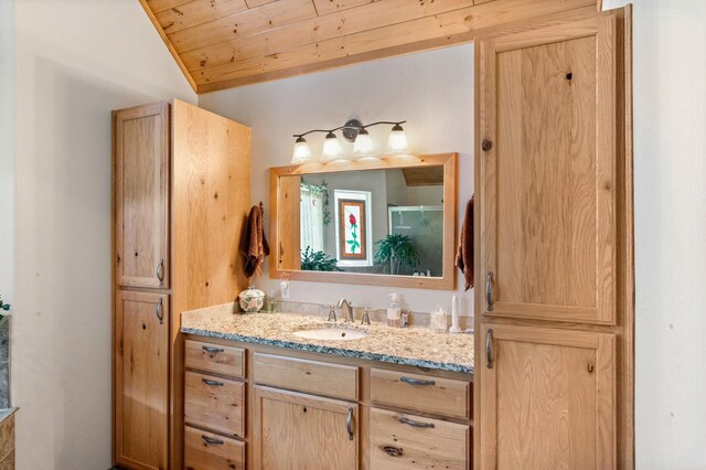 2876 Deep Lake S Shore Rd, Colville, WA 99114 - full bathroom featuring vanity, wooden ceiling, and lofted ceiling