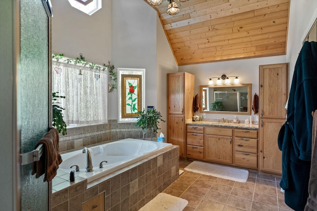 full bath featuring a shower with shower door, vanity, a bath, wood ceiling, and high vaulted ceiling