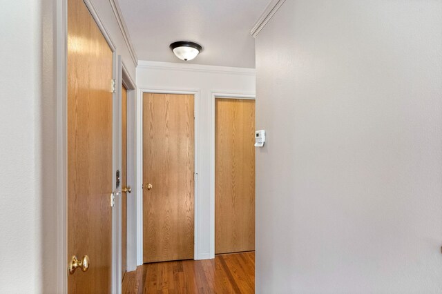 hallway featuring wood finished floors and ornamental molding