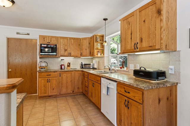 kitchen with open shelves, dishwasher, a sink, black microwave, and decorative backsplash