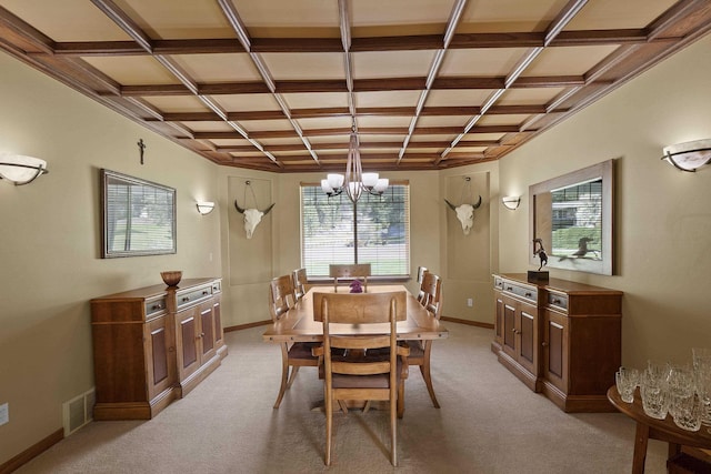 4127 S Sullivan Rd, Veradale, WA 99037 - dining space with light carpet, baseboards, visible vents, a chandelier, and coffered ceiling