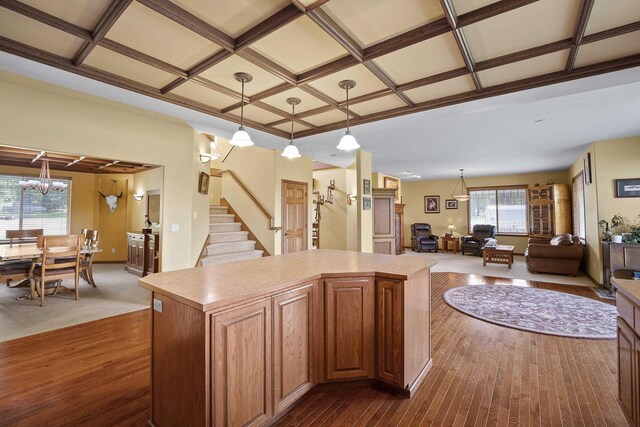 4127 S Sullivan Rd, Veradale, WA 99037 - kitchen with open floor plan, light countertops, dark wood finished floors, coffered ceiling, and a kitchen island