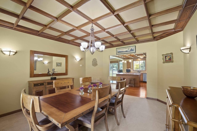 4127 S Sullivan Rd, Veradale, WA 99037 - dining room featuring light carpet, baseboards, an inviting chandelier, and coffered ceiling