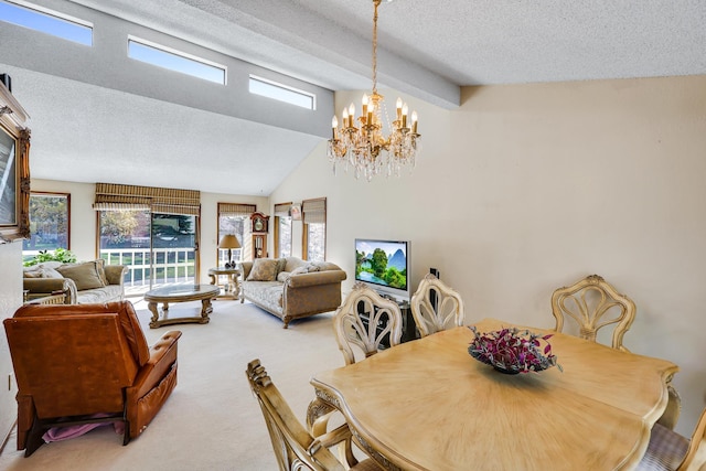 carpeted dining room featuring vaulted ceiling, a notable chandelier, and a textured ceiling