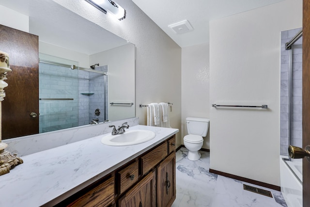 full bath featuring toilet, visible vents, walk in shower, marble finish floor, and vanity