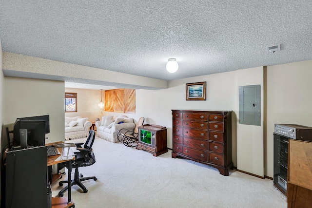 office space with carpet floors, a textured ceiling, electric panel, and baseboards