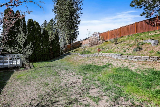 view of yard with a wooden deck and a fenced backyard