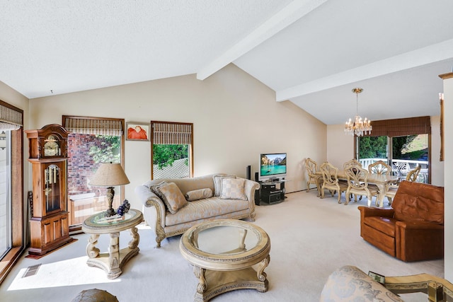 living room with lofted ceiling with beams, carpet floors, a notable chandelier, and visible vents