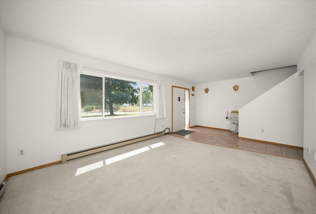unfurnished living room with carpet floors, baseboards, tile patterned flooring, and a baseboard radiator