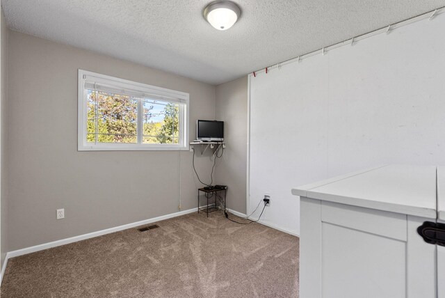laundry room with baseboards, a textured ceiling, light colored carpet, and visible vents