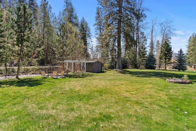 view of yard featuring an outdoor structure, a shed, and an outdoor fire pit