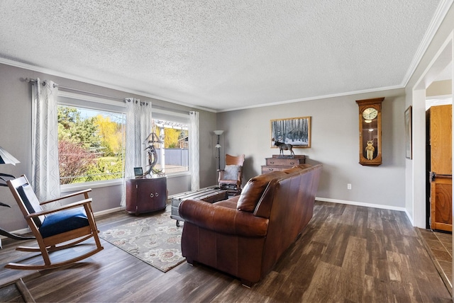 living room featuring a textured ceiling, dark wood-type flooring, and ornamental molding