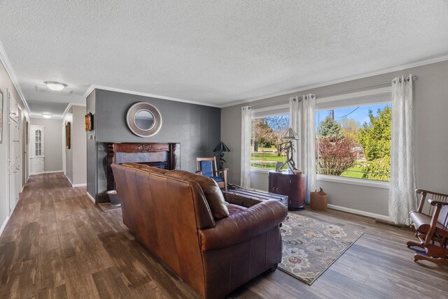 living area featuring a premium fireplace, a textured ceiling, crown molding, and dark wood-style flooring