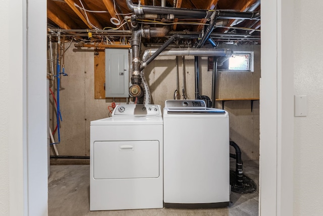 washroom with washing machine and dryer, electric panel, and laundry area