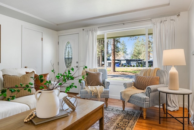 sitting room featuring a tray ceiling and wood finished floors