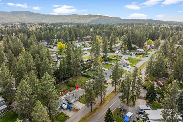 drone / aerial view with a forest view, a mountain view, and a residential view