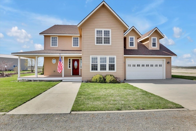 28222 N Wild Rose Ln, Davenport, WA 99122 - view of front facade with covered porch, a front yard, roof with shingles, and concrete driveway