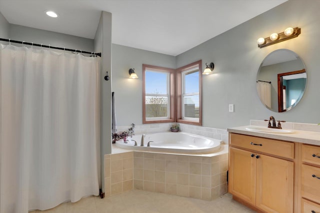 28222 N Wild Rose Ln, Davenport, WA 99122 - full bathroom with tile patterned floors, a garden tub, vanity, and a shower with shower curtain