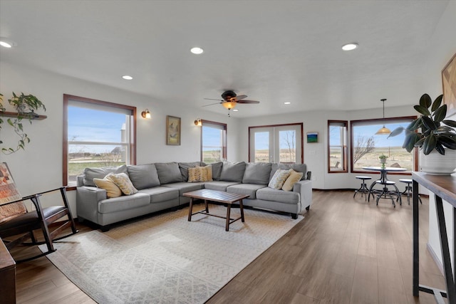 28222 N Wild Rose Ln, Davenport, WA 99122 - living area featuring recessed lighting, wood finished floors, and ceiling fan