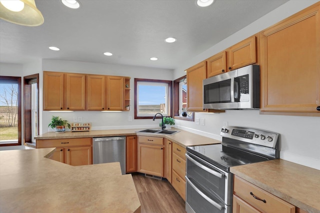 28222 N Wild Rose Ln, Davenport, WA 99122 - kitchen featuring recessed lighting, a wealth of natural light, stainless steel appliances, and a sink