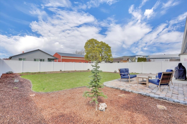 view of yard with a fenced backyard and a patio
