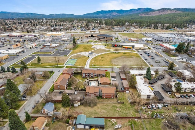 drone / aerial view featuring a mountain view