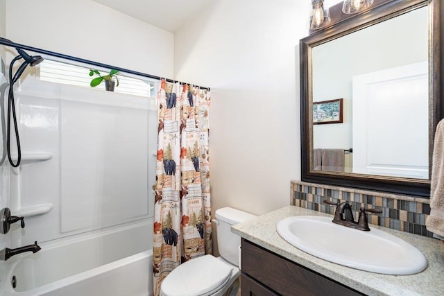 bathroom with toilet, shower / bath combination with curtain, vanity, and decorative backsplash