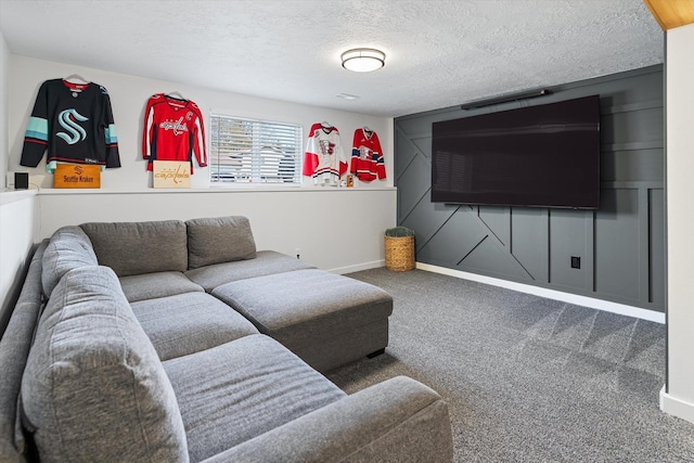 carpeted living area with a textured ceiling and baseboards