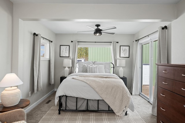 bedroom featuring ceiling fan, access to outside, light carpet, and baseboards
