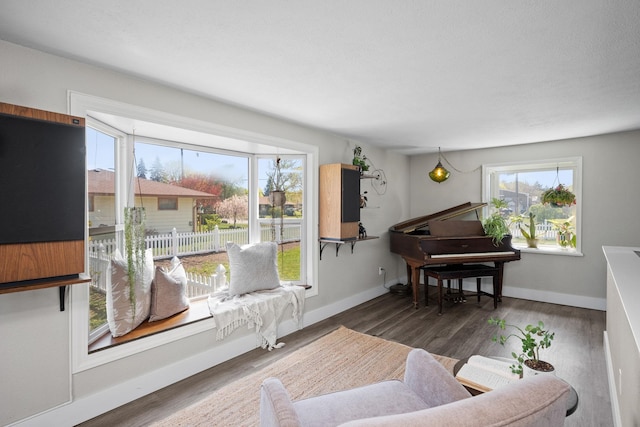 sitting room featuring baseboards, wood finished floors, and a wealth of natural light