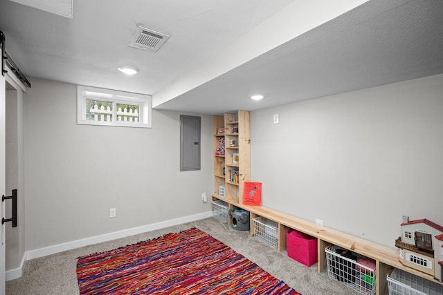 interior space featuring carpet, visible vents, electric panel, and baseboards