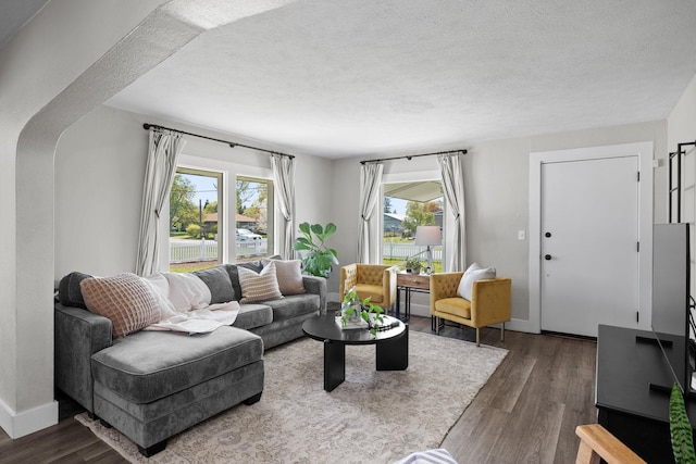 living room featuring a wealth of natural light, dark wood finished floors, and baseboards