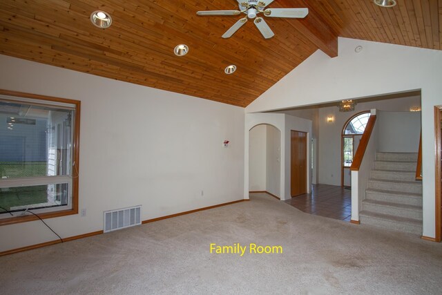 spare room with stairs, wood ceiling, carpet flooring, visible vents, and a ceiling fan