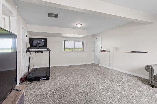 exercise room with visible vents, baseboards, and carpet floors