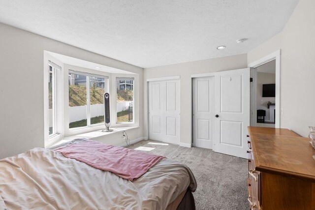 carpeted bedroom with multiple closets and baseboards