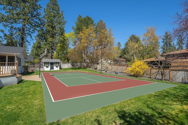 2711 S Pittsburg St, Spokane, WA 99203 - view of tennis court with basketball court, an outdoor structure, and a deck