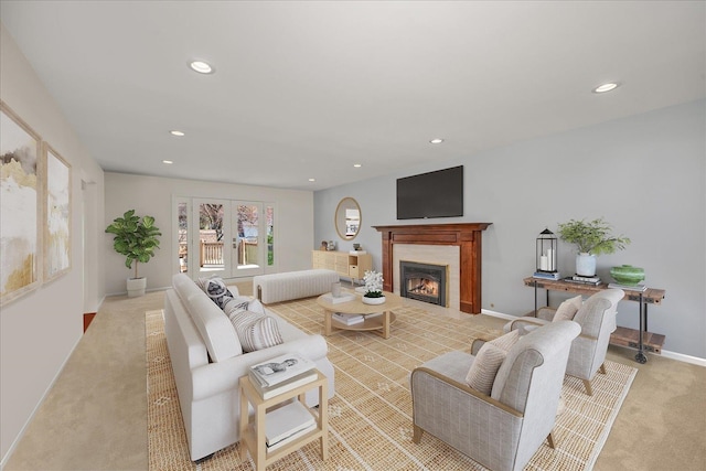 2711 S Pittsburg St, Spokane, WA 99203 - living room with recessed lighting, a high end fireplace, light carpet, and baseboards