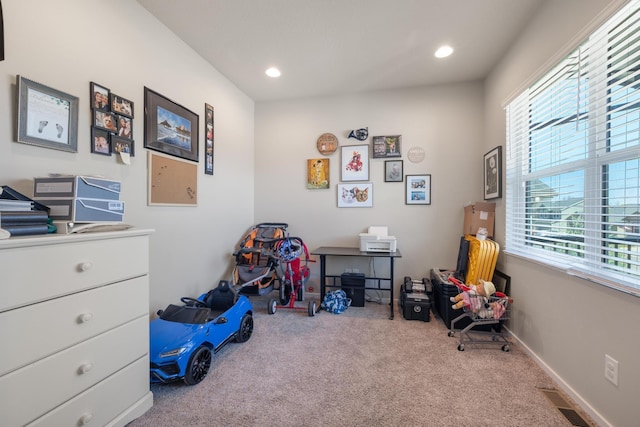 playroom with recessed lighting, carpet flooring, and visible vents