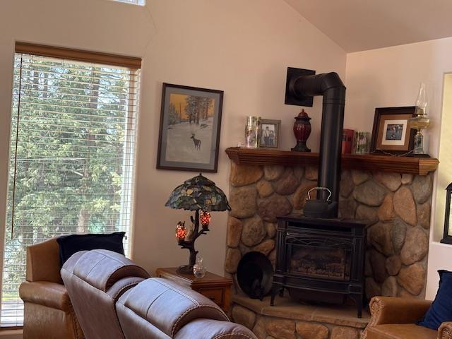 9306 E Lake Rd, Elk, WA 99009 - living area with plenty of natural light, a wood stove, and lofted ceiling
