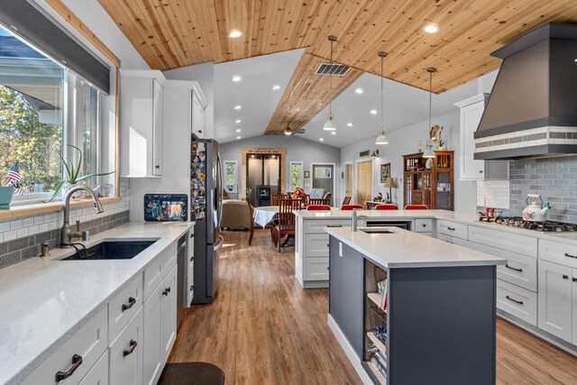 kitchen with stainless steel appliances, custom range hood, a sink, a peninsula, and open floor plan