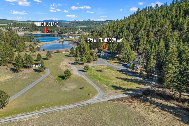 drone / aerial view featuring a wooded view and a water view